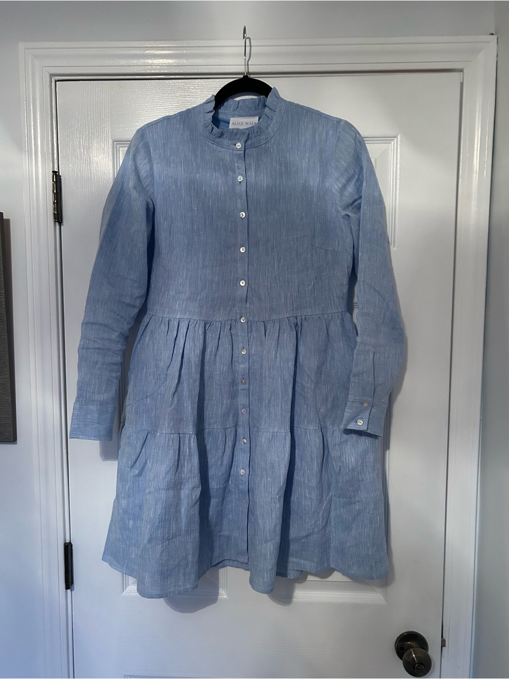 Alice Walk light blue linen tiered dress long sleeve with ruffle collar small